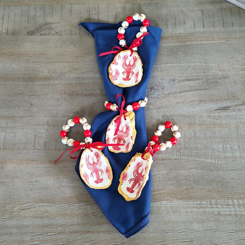 Set of 4 Napkin Rings, Oyster Shell With Lobster Design